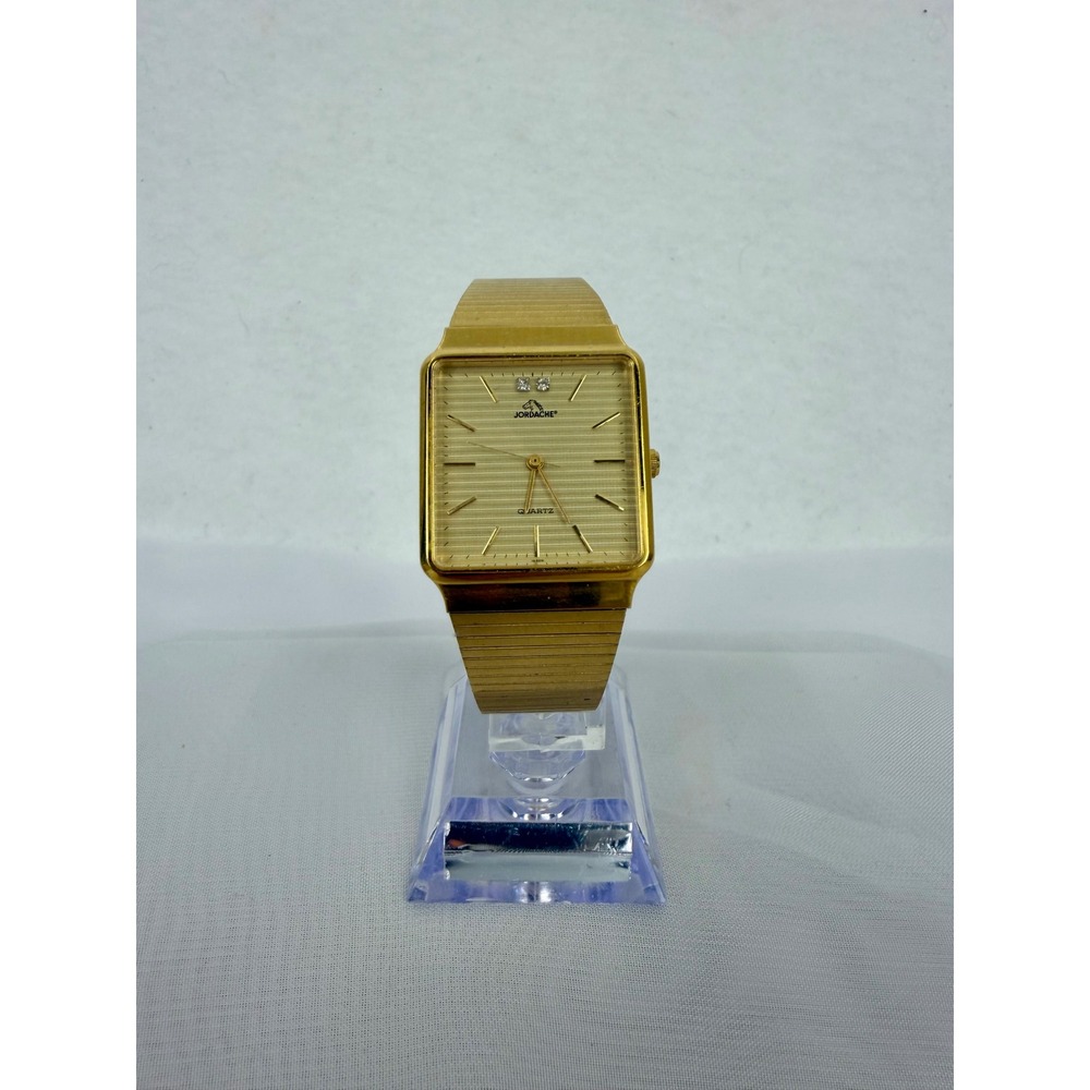 Vintage Jordache Japan 444 Gold Tone Square Quartz Watch with Crystal Accents